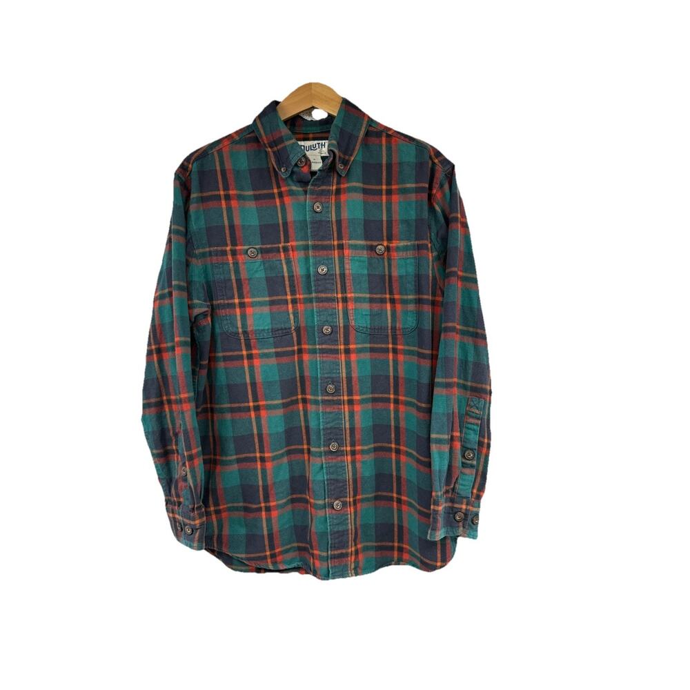 Duluth Trading Relaxed Fit Green Plaid Cotton Button Up Shirt Workwear Mens S